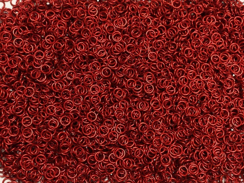 Red Anodized Aluminum jump rings in 18 SWG, 3/16 inch ID, 1/2 lb (8 oz)