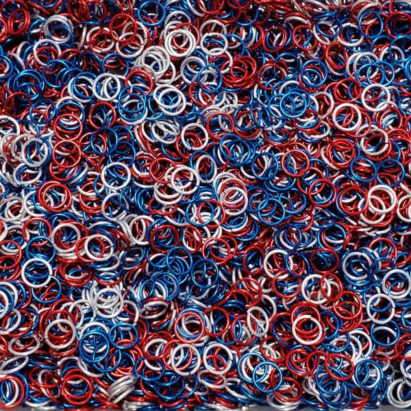 Patriotic Mix Anodized Aluminum jump rings in 18 SWG, 5/16 inch ID, 1 oz
