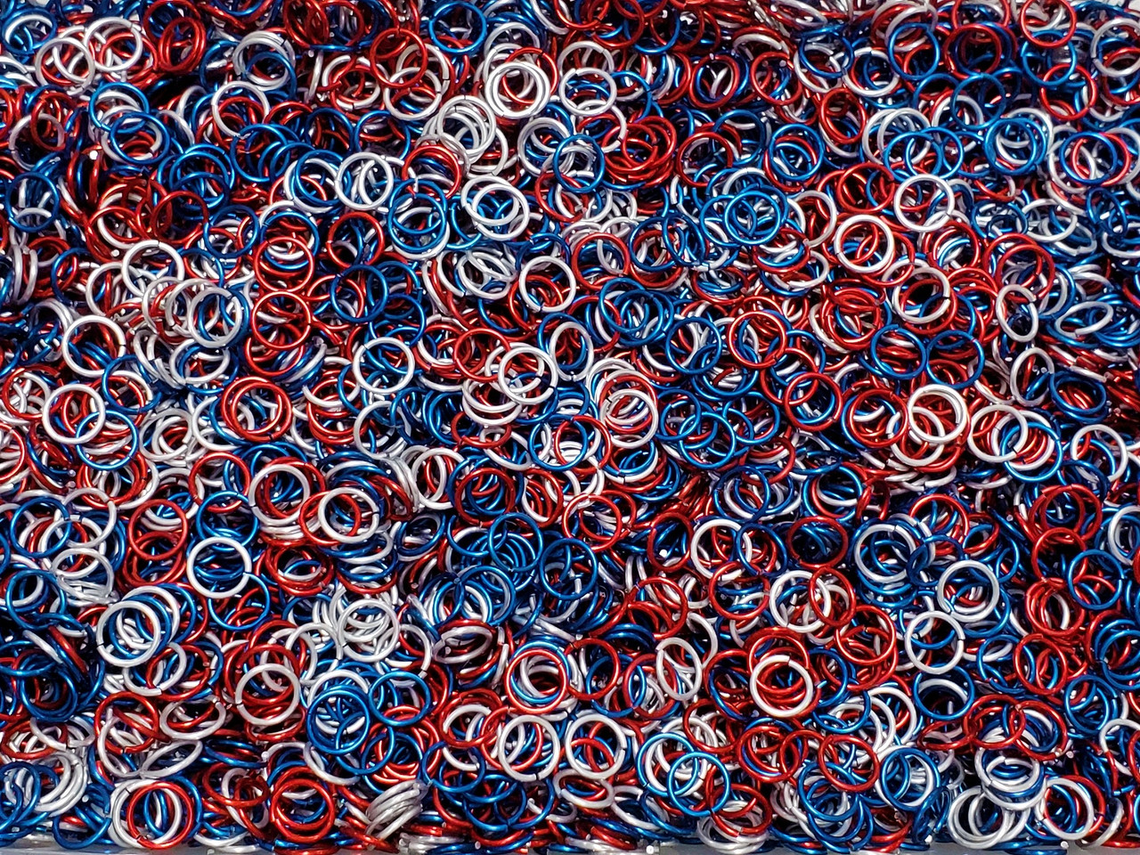 Patriotic Mix Anodized Aluminum jump rings in 18 SWG, 5/16 inch ID, 1 oz